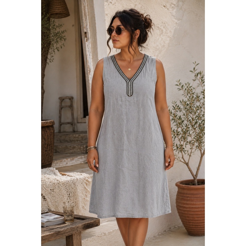 Lina Tomei Indie Boho Chic Linen Dress‎ Resortwear Casual Rhinestone Gray Size L